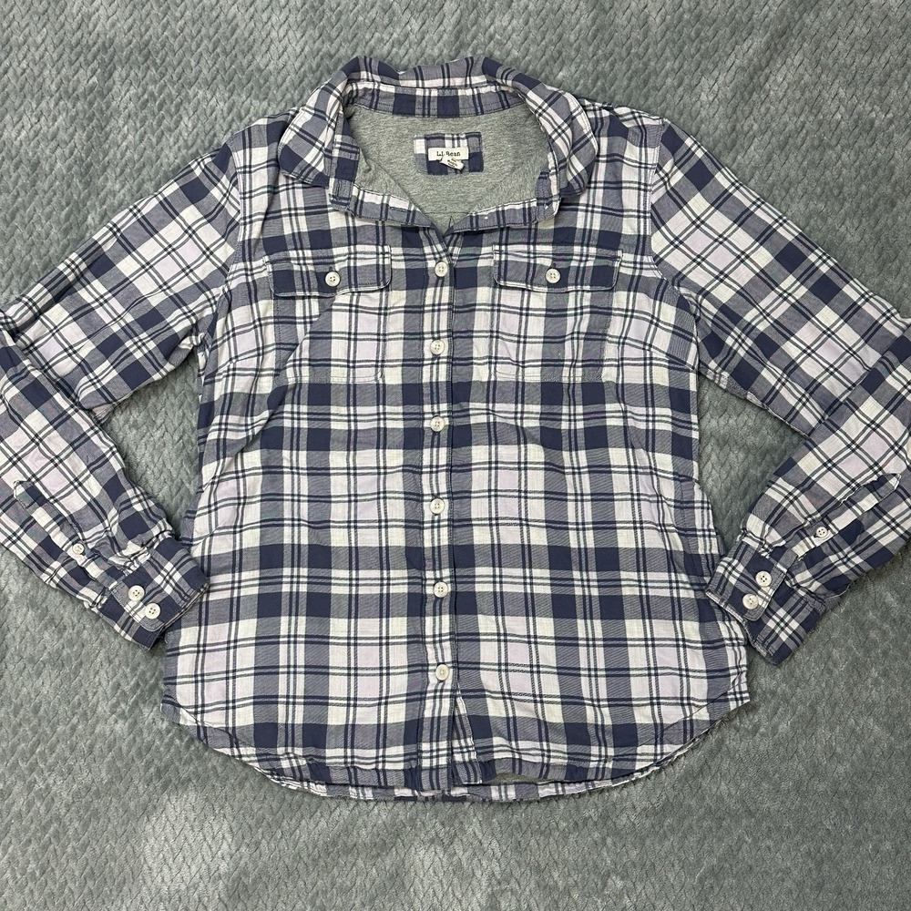 L.L. Bean Shirt Womens XS Plaid Button Flannel 100% Cotton Chore Pocket Purple
